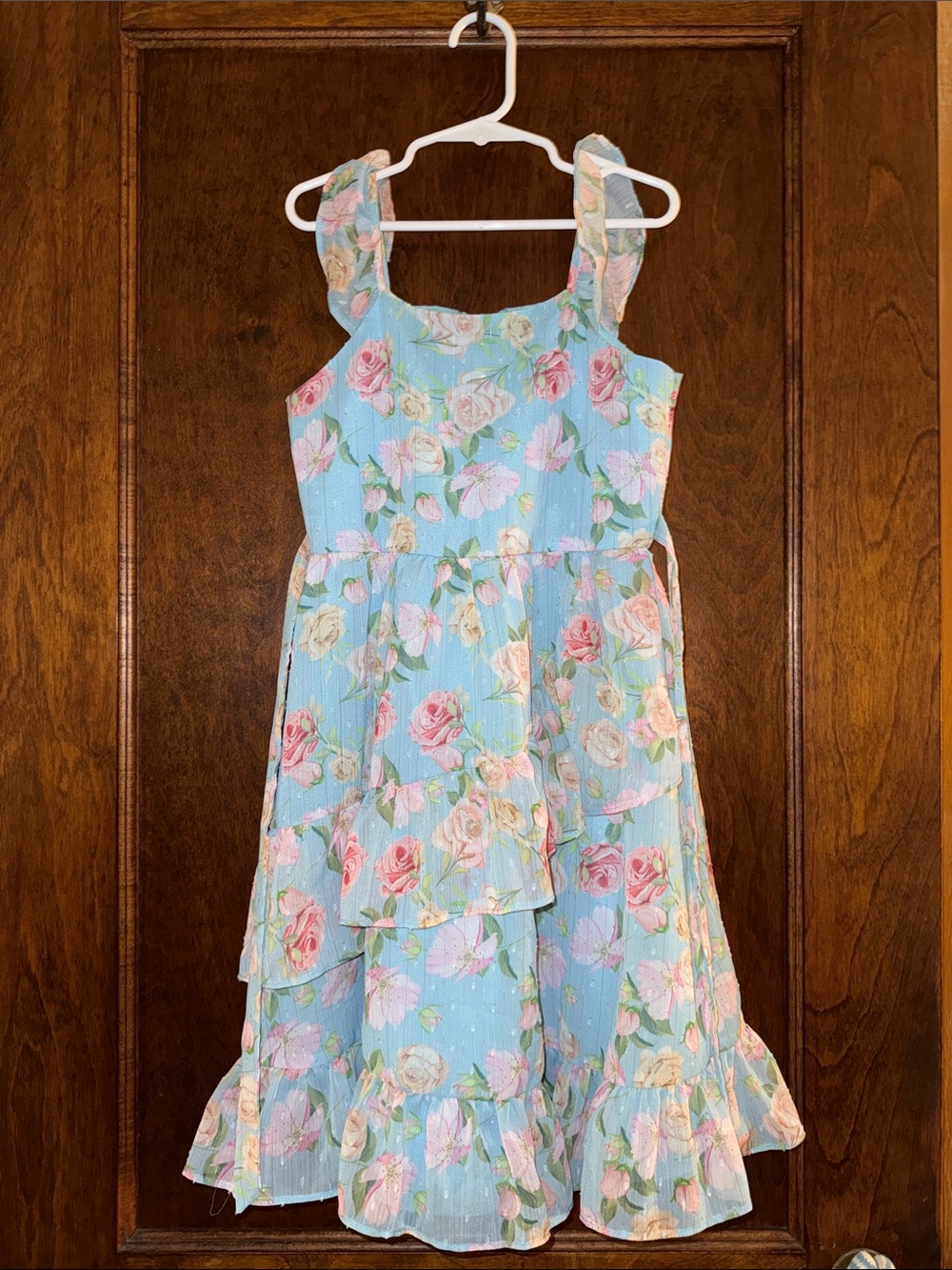 Blush Light Blue Floral Ruffle Sundress with Pink & Cream Roses